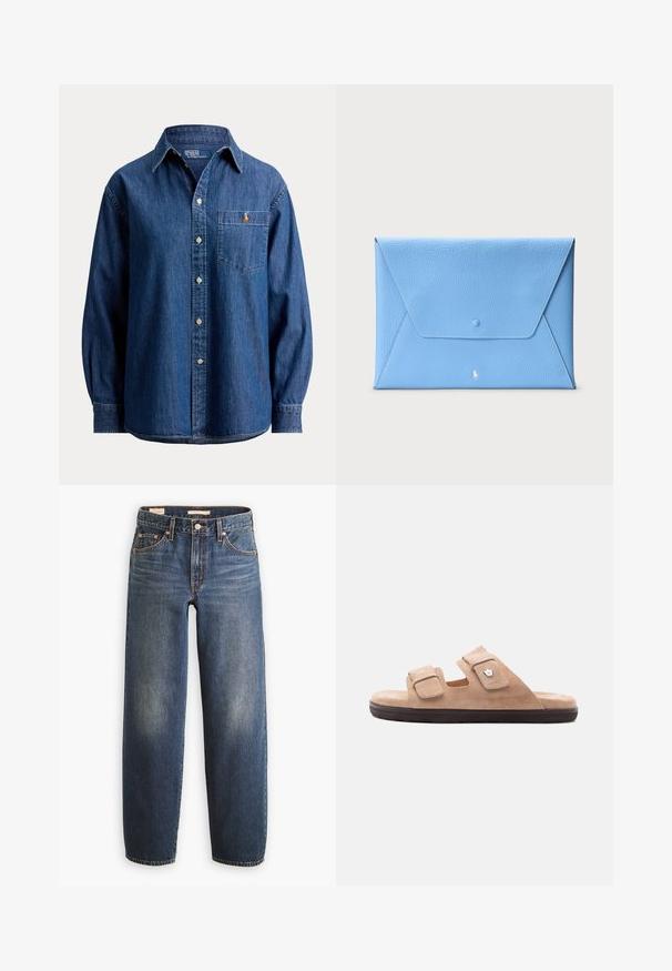 Langærmet blå denim-knap-op skjorte med brystlomme med en lille broderet logo på venstre side.; Mørkeblå denimjeans med en straight-leg design, der har fem lommer, kobbernitter og diskret falmning på lårene.; Beige ruskindslide-sandal med to justerbare remme med spænder og sort sål, vist fra siden.; Blå læderkuvert-style clutch med tekstureret overflade, spids klap, trykknaplukning og lille hvidt logo i bunden midt på.