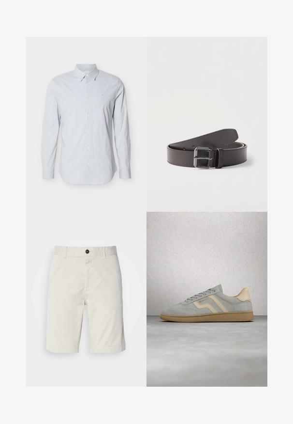 Camisa de manga larga a rayas azul claro, hecha de algodón. Presenta un cuello clásico, botones en el frente y puños ajustables. Logo sutil en el pecho.; Shorts de color beige claro fabricados en algodón, con cierre de botón, bolsillos delanteros y dobladillo cosido. Textura suave con un diseño casual.; Zapatilla de ante gris claro con detalles beige y suela de goma, flotando sobre un suelo de hormigón pulido cerca de una pared de bloques de vidrio.; Cinturón de cuero marrón oscuro enrollado con una hebilla metálica cuadrada y costuras visibles a lo largo de los bordes.
