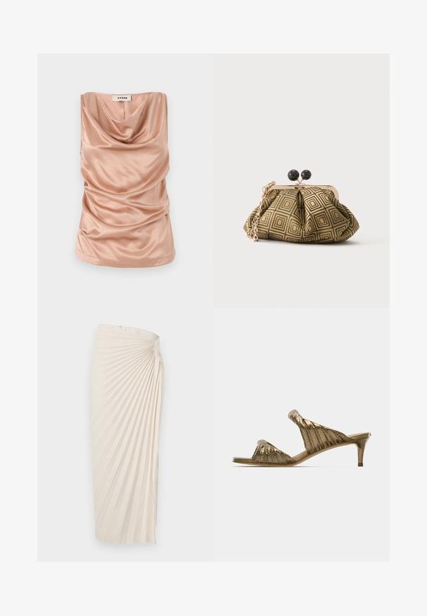Haut sans manches à col drapé en satin doux de couleur rose pâle, avec des détails froncés sur les côtés et un ourlet droit. Comprend une fermeture éclair au dos.; Jupe longue crème plissée avec un détail froncé à la taille, créant un motif en éventail qui s'étend vers le bas.; Sandales à glissière texturées dorées avec un design plissé, bout ouvert et talon bas. Finition lisse avec un léger éclat.; Petite pochette avec motif géométrique doré et noir, cadre en métal doré, fermeture à boule noire et une courte chaîne dorée.