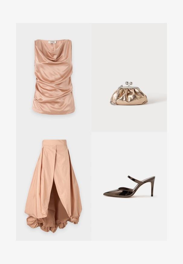 Cowl-neck, ærmeløs top i blød, blush satin med samlede detaljer langs siderne og en lige kant. Har en lynlås i ryggen.; Peachfarvet puffskørt lavet af letvægtsstof, med en samlet søm og plisseret design i taljen for en voluminøs silhuet.; Skinnende mørkebrune mule med spids tå og høje hæle med en tynd rem over foden på en ensfarvet hvid baggrund.; Lille gylden metalisk clutch taske med sølvspænde og kæderem på ensartet lyst baggrund.