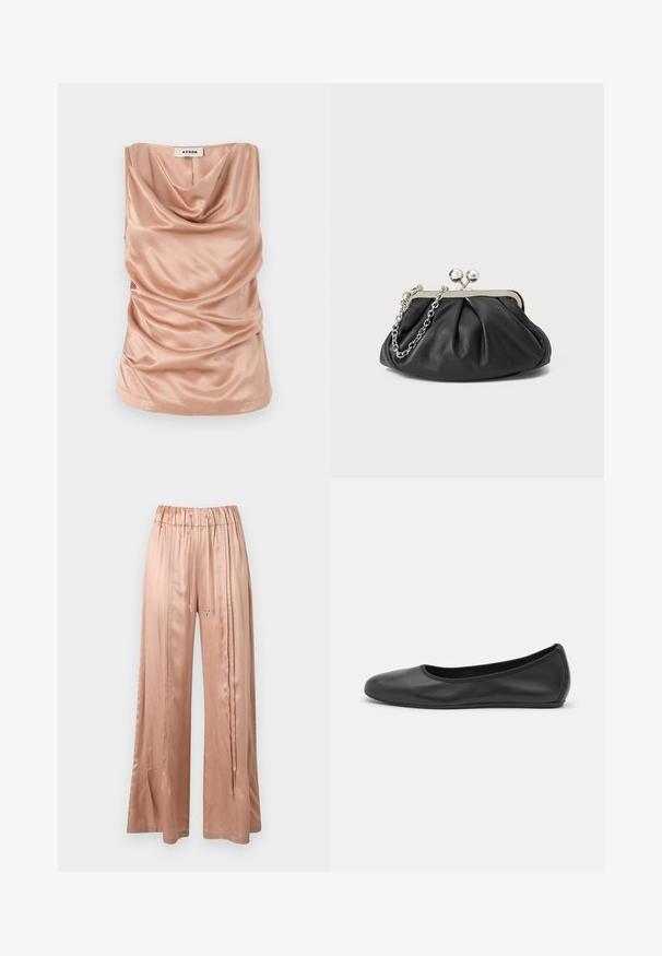 Cowl-neck, ærmeløs top i blød, blush satin med samlede detaljer langs siderne og en lige kant. Har en lynlås i ryggen.; Satin brede bukser i blush pink med elastisk talje, snøre detaljer og sidelæg for ekstra tekstur og form.; Sort læderballetsko med rund tå, glat tekstur, minimal syning og et fleksibelt såldesign.; Sort læder clutch med samlet tekstur, sølvfarvet metalramme, kys-lås lukning og kædestrop. Glat, blød overflade.