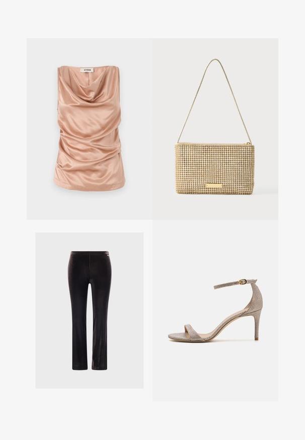 Top sin mangas con cuello de cowl en suave satén color blush con detalles fruncidos a lo largo de los lados y un dobladillo recto. Presenta una cremallera en la parte trasera.; Pantalones de terciopelo negro con un ajuste slim, que presentan una textura suave y un brillo sutil, sin herrajes ni patrones visibles.; Sandalia de tacón alto con punta abierta en un rosa dorado metálico. Presenta una Delgada correa en el tobillo con un acento de hebilla dorada y un acabado texturizado.; Bolso clutch dorado de forma rectangular, cubierto de brillantes pedrería plateada. Cuenta con una delgada correa metálica para el hombro y cierre de cremallera.