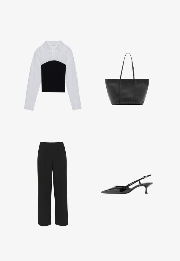 Even&Odd by Zalando Blusa - off-white/black; Pantalones de pierna ancha negros con una cinturilla plana, que presentan pliegues delanteros y una textura suave. Sin bolsillos ni herrajes visibles.; Zapato de salón negro de charol con punta estrecha, tacón kitten, tira fina en el tobillo y hebilla dorada.; Bolso tote de cuero negro con asas largas y delgadas, superficie texturizada y parte superior ancha y abierta.