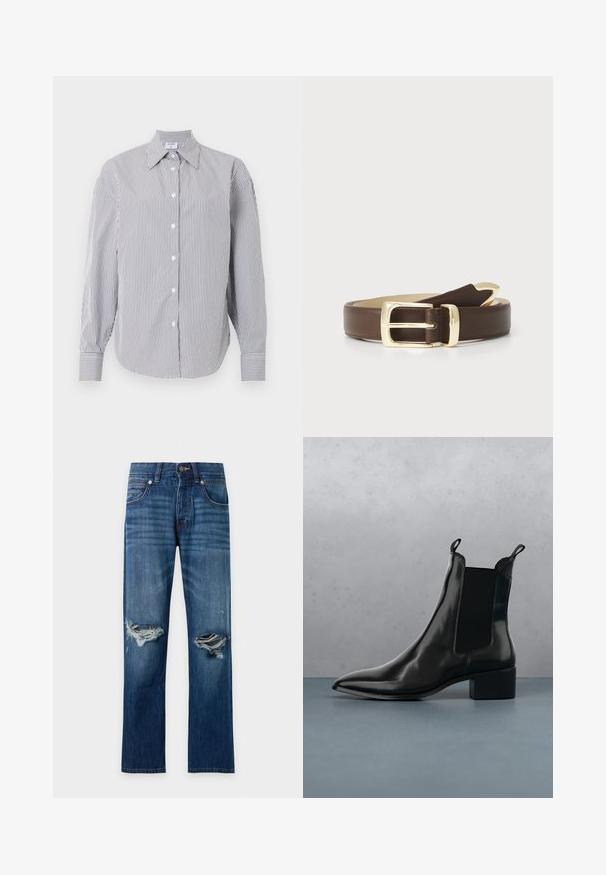 Overhemd met lange mouwen met een klein zwart-wit geruit patroon, puntige kraag en knoopmanchetten.; Blauwe denim jeans met versleten scheuren op beide knieën, knoopsluiting aan de voorkant en vijfzakkenontwerp.; Zwarte leren Chelsea boot met een spitse neus, elastische zijpanelen en een chunky hak, rustend boven een oppervlak met een steen- en houtpatroon.; Bruine leren riem met een gladde textuur, voorzien van een gouden metalen gesp en een taps toelopende uiteinde. Eenvoudig ontwerp met een klassieke afwerking.