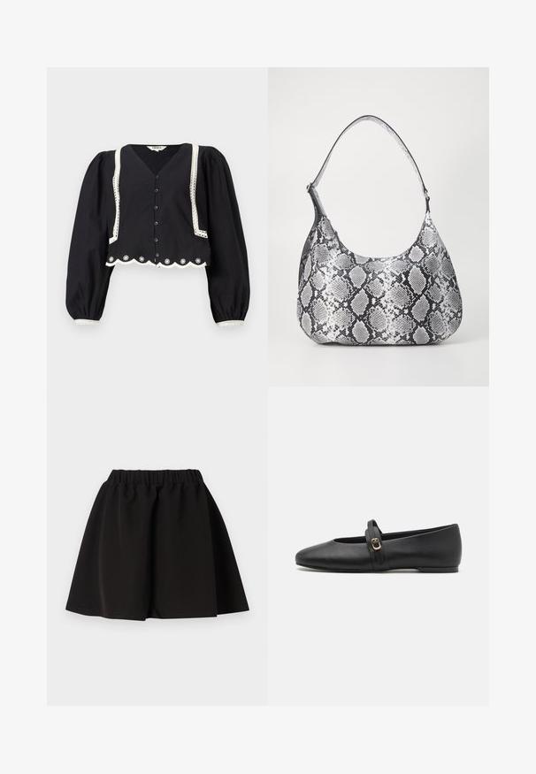 Blusa negra corta con mangas abullonadas, escote en V, detalles de encaje blanco en los bordes, cierre de botones y bordado floral en el dobladillo.; Falda negra con cintura elástica, forma en línea A y dobladillo a la altura de la rodilla, diseño liso, mostrada extendida sobre un fondo blanco.; Zapato plano de cuero negro con un diseño de punta redondeada, que presenta una correa delgada con un detalle de hebilla dorada en el empeine.; Bolso de hombro con estampado de serpiente en blanco y negro, de forma redondeada, textura suave y correa curvada. Presenta un acento de hardware plateado.