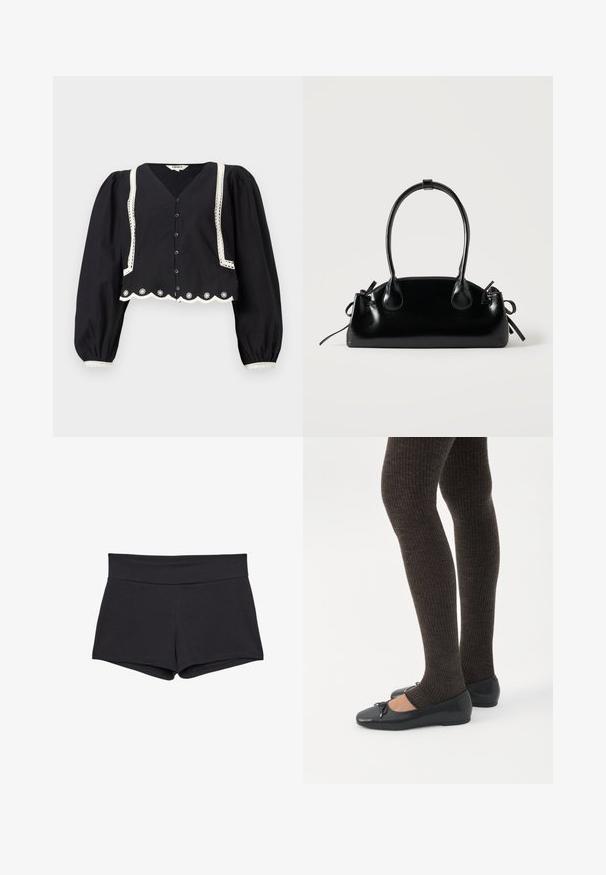 Blouse noire cropped avec des manches bouffantes, décolleté en V, détails en dentelle blanche sur les bords, fermeture à boutons, et broderie florale à l'ourlet.; Shorts noirs ajustés avec une large ceinture, fabriqués dans un tissu doux et extensible. Les ourlets sont lisses sans fermetures ni motifs visibles.; Jambes portant des leggings côtelés foncés associés à des ballerines noires avec de petits détails en nœud sur fond blanc.; Petit sac à main noir brillant avec deux longues anses et des détails à cordon sur les côtés sur un fond clair uni.