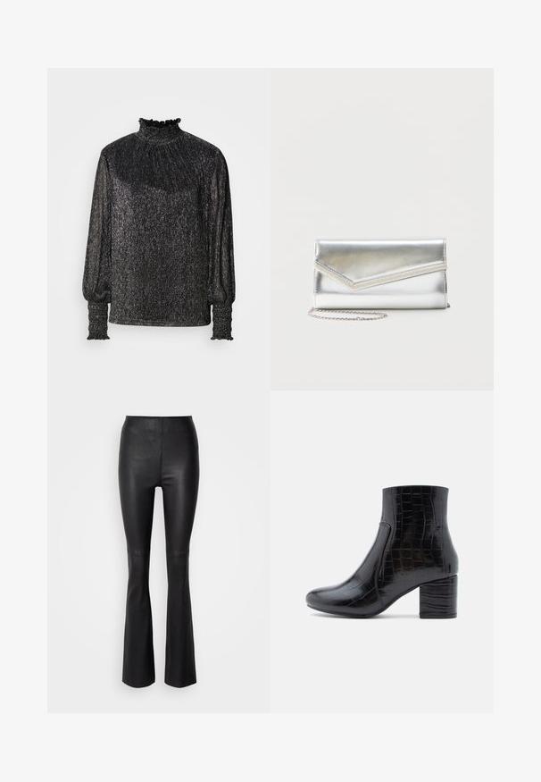 Zwarte lange mouwen top met een hoge gerimpelde kraag, gestructureerde stof en verzamelde manchetten. Kenmerkt zich door een glinsterende, metallic afwerking met een relaxte pasvorm.; Zwarte flared broeken van glad, faux leer met een hoge tailleband en stiksel details boven de knie.; Zwarte enkellaars gemaakt van glanzend krokodillenprintleer. Voorzien van een ronde neus en een dikke blokhak. Gladde textuur en slank ontwerp.; Glanzende zilveren clutch met envelopvormige klep en decoratieve rand, klein zilveren kettingriempje, op een effen lichte achtergrond.