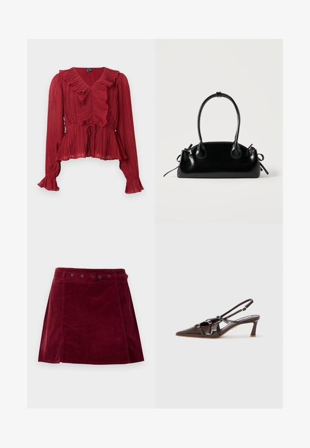 Rode geplooide blouse met een ruches halslijn, lange mouwen en een getailleerde taille. Gemaakt van lichtgewicht stof met een zachte textuur.; Donkerrode corduroy rok met een bijpassende riem en metalen oogjes, met een lichte A-lijn vorm en detail op het voorpaneel.; Bruine gepatineerde leren slingback hak met een spitze neus, verstelbare straps en decoratieve gespen aan de voorkant. 3-inch hakhoogte.; Kleine zwarte glanzende handtas met twee lange hengsels en zijkant trekkoord details op een effen lichte achtergrond.