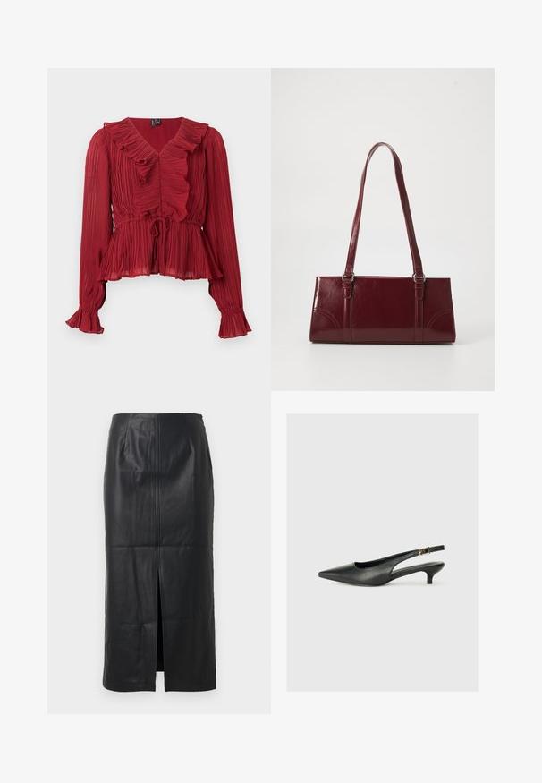 Blusa roja plisada con cuello fruncido, mangas largas y cintura ceñida. Confeccionada con una tela ligera de textura suave.; Falda midi de cuero negro con una abertura frontal, textura suave, diseño ajustado y un sutil detalle de costura en la parte delantera.; Zapato de tacón slingback negro de punta afilada, hecho de cuero suave. Presenta un tacón delgado y un detalle de hebilla en la correa ajustable.; Bolso burdeos hecho de material brillante, de forma rectangular, con dos asas para el hombro y sutiles acentos curvados en la parte frontal.