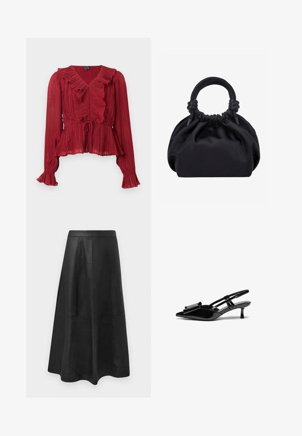 Blouse rouge plissée avec un col à volants, manches longues et taille cintrée. Réalisée en tissu léger avec une texture douce.; Jupe midi en cuir noir avec une silhouette évasée, présentant des coutures détaillées et une texture lisse. Pas de matériel ou d'accents visibles.; Talons aiguilles en cuir verni noir avec un bout pointu, un détail en nœud à l'avant et un petit talon stiletto. Les brides sont équipées de boucles ajustables.; Sac à main en tissu noir doux avec haut froncé et poignées circulaires rembourrées nouées de chaque côté.