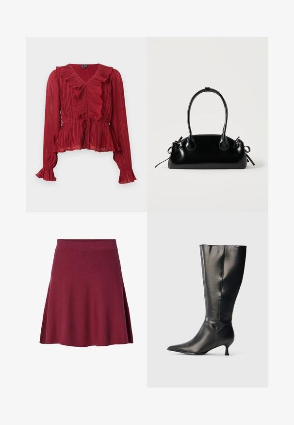 Rode geplooide blouse met een ruches halslijn, lange mouwen en een getailleerde taille. Gemaakt van lichtgewicht stof met een zachte textuur.; Bordeaux knielange rok van zacht, rekbaar materiaal; uitlopende stijl met een soepele tailleband en geen zichtbare sluitingen of patronen.; Zwarte leren kniehoge laars met puntige neus en lage kittenhak, weergegeven op een effen lichte achtergrond.; Kleine zwarte glanzende handtas met twee lange hengsels en zijkant trekkoord details op een effen lichte achtergrond.