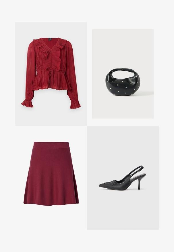 Blusa roja plisada con cuello fruncido, mangas largas y cintura ceñida. Confeccionada con una tela ligera de textura suave.; Falda burdeos de longitud hasta la rodilla, hecha de un tejido suave y elástico; diseño acampanado con una cinturilla lisa y sin cierres ni patrones visibles.; Sandal de tacón stiletto negro de cuero con punta afilada, correa lateral con hebilla, tachuelas a lo largo del borde y cordones decorativos en la parte delantera.; Bolso de mano de cuero negro con forma redondeada, decorado con detalles de tachuelas plateadas y un asa corta. Textura lisa y cierre con cremallera.