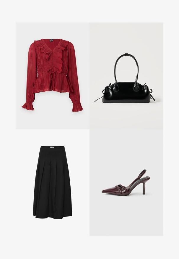 Blusa roja plisada con cuello fruncido, mangas largas y cintura ceñida. Confeccionada con una tela ligera de textura suave.; Falda midi plisada negra hecha de una tela suave. Presenta una cintura alta y una silueta fluida con pliegues bien cosidos.; Zapato de tacón slingback de charol burdeos con puntera puntiaguda, fina correa en el tobillo y pequeño detalle decorativo de hebilla. Textura suave y tacón alto.; Pequeño bolso negro brillante con dos asas largas y detalles de cordón lateral sobre un fondo claro liso.