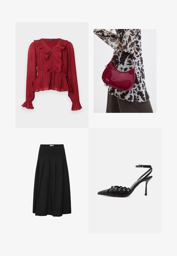 Blouse rouge plissée avec un col à volants, manches longues et taille cintrée. Réalisée en tissu léger avec une texture douce.; Jupe midi plissée noire en tissu lisse. Elle présente une taille haute et une silhouette fluide avec des plissés soigneusement cousus.; Chaussure à talon haut noire à bout pointu, bords festonnés, œillets métalliques, lacets à l'avant et bride de cheville avec fermeture à boucle.; Femme portant un chemisier à motif noir et blanc tenant un sac à main rouge brillant sur un fond uni.