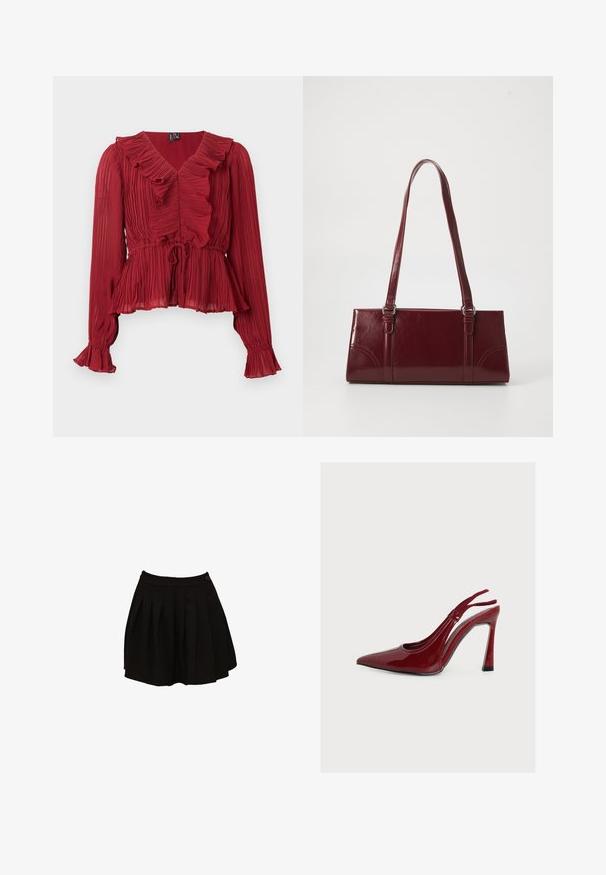Blouse rouge plissée avec un col à volants, manches longues et taille cintrée. Réalisée en tissu léger avec une texture douce.; Jupe plissée noire avec une ceinture ajustée et un détail de bouton unique. Le tissu semble lisse et léger, conçu pour une silhouette évasée.; Escarpin slingback rouge en cuir verni à talon haut, bout pointu et talon aiguille, présenté de profil sur fond blanc uni.; Sac à main bordeaux en matériau brillant, de forme rectangulaire, avec deux anses et des accents légèrement courbés à l'avant.