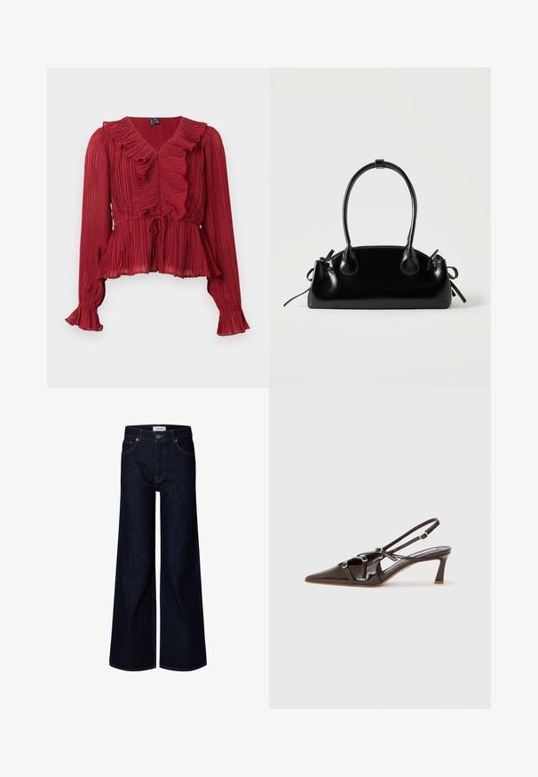 Rød plisseret bluse med en flæset halsudskæring, lange ærmer og en indsnævret talje. Fremstillet af letvægtsstof med en blød tekstur.; Mørkeblå bredbenede denimjeans med frontknap og lynlås, bæltestropper og frontlommer, vist på en hvid baggrund.; Brune patenteret læder slingback hæl med spids tå, justerbare stropper og dekorative spænder foran. 3-tommers hælhøjde.; Lille sort blank håndtaske med to lange håndtag og snøre-detaljer i siden på en ensfarvet lys baggrund.