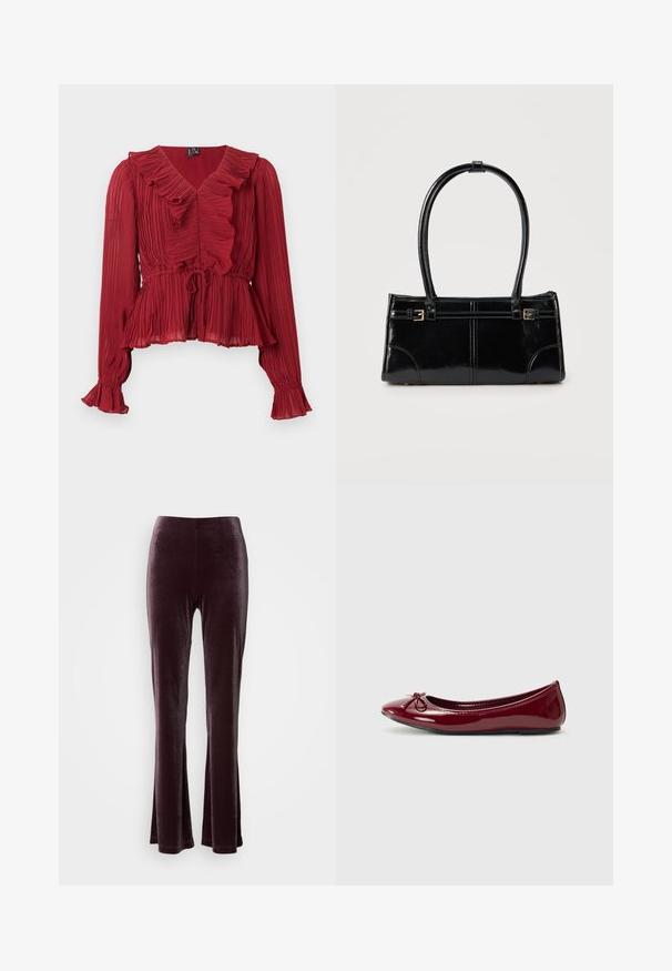 Rote, plissierte Bluse mit gerafftem Ausschnitt, langen Ärmeln und tailliertem Bund. Hergestellt aus leichtem Stoff mit weicher Textur.; Dunkelviolette Samt-Hose mit hohem Bund und ausgestelltem Bein, präsentiert vor einem schlichten weißen Hintergrund.; Balletschuh aus glänzendem burgunderfarbenem Lackleder, mit runder Zehe und kleinem Schleifendetail an der Vorderseite. Glatte Textur, niedriger Absatz.; Glänzende schwarze rechteckige Handtasche mit zwei dünnen Schulterriemen und kleinen goldenen Schnallen vorne.