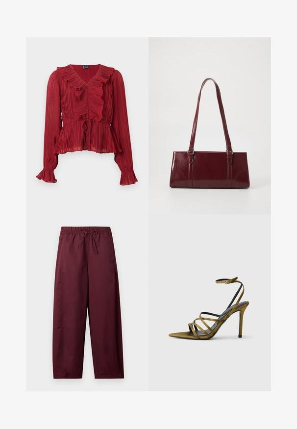 Blusa roja plisada con cuello fruncido, mangas largas y cintura ceñida. Confeccionada con una tela ligera de textura suave.; Pantalones sueltos color granate con cintura elástica y cordón ajustable, piernas rectas, sin bolsillos visibles ni estampados.; Sandalia de tacón alto con tiras en ante verde oliva, puntera puntiaguda, suela negra y correa ajustable en el tobillo. Presenta un diseño superior de tiras entrelazadas.; Bolso burdeos hecho de material brillante, de forma rectangular, con dos asas para el hombro y sutiles acentos curvados en la parte frontal.
