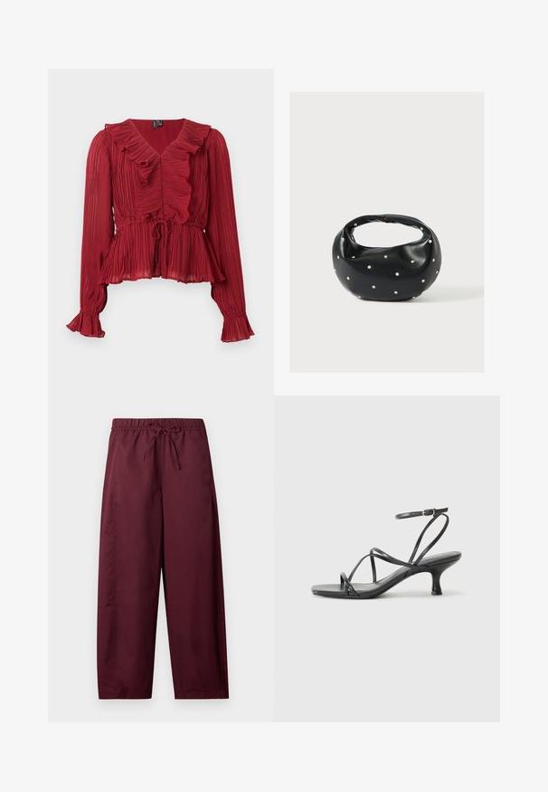 Blusa roja plisada con cuello fruncido, mangas largas y cintura ceñida. Confeccionada con una tela ligera de textura suave.; Pantalones sueltos color granate con cintura elástica y cordón ajustable, piernas rectas, sin bolsillos visibles ni estampados.; Sandalias negras de tacón con tiras finas, diseño de punta abierta y un pequeño tacón acampanado. El material parece suave y brillante.; Bolso de mano de cuero negro con forma redondeada, decorado con detalles de tachuelas plateadas y un asa corta. Textura lisa y cierre con cremallera.