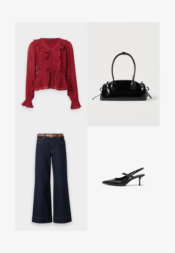 Rode geplooide blouse met een ruches halslijn, lange mouwen en een getailleerde taille. Gemaakt van lichtgewicht stof met een zachte textuur.; Donkerblauwe denim wijde pijpen jeans met een hoge taille, een brown riem en zichtbare stikseldetails. Bevat voorzakken en heeft een relaxed fit.; Zwarte leren slingback hakken met een puntige neus, slanke verstelbare band en een ongeveer 5 cm hoge stiletto hak, met een gladde textuur.; Kleine zwarte glanzende handtas met twee lange hengsels en zijkant trekkoord details op een effen lichte achtergrond.