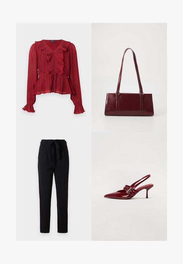 Rote, plissierte Bluse mit gerafftem Ausschnitt, langen Ärmeln und tailliertem Bund. Hergestellt aus leichtem Stoff mit weicher Textur.; Schwarze Hose aus einem weichen, flexiblen Material, mit einem Kordelzugbund, vorderen Falten und einer schmal zulaufenden Beinform.; Rote Lackleder Slingback-Absätze mit spitzem Zeh, zwei Schnallenriemen und einem schlanken, mittelhohen Stiletto-Absatz. Glatte Textur.; Burgunderfarbene Handtasche aus glänzendem Material, rechteckige Form, mit zwei Schulterriemen und subtilen, geschwungenen Akzenten an der Vorderseite.