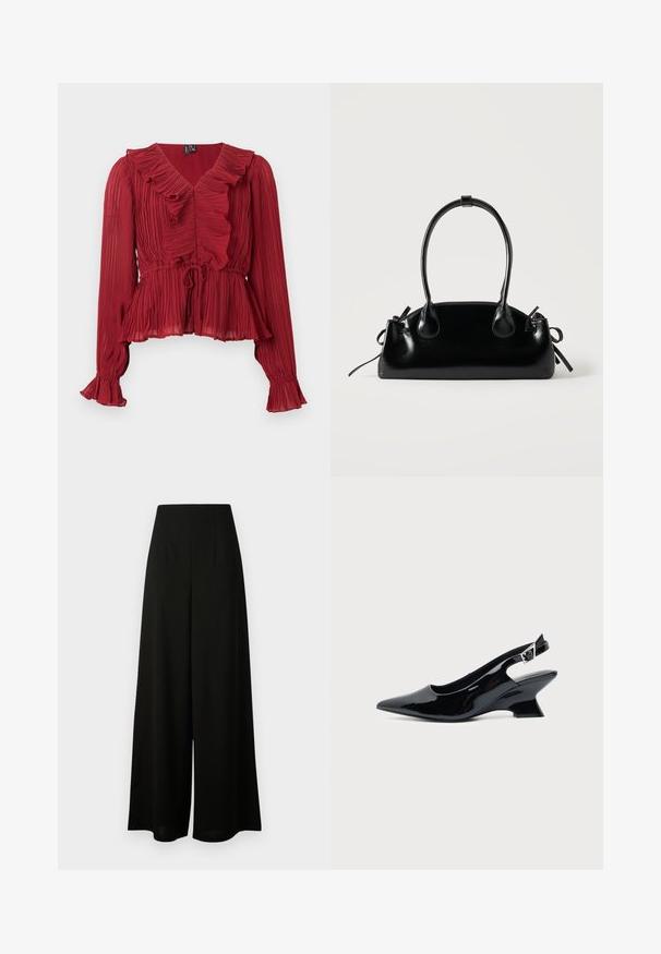 Rote, plissierte Bluse mit gerafftem Ausschnitt, langen Ärmeln und tailliertem Bund. Hergestellt aus leichtem Stoff mit weicher Textur.; Vero Moda Tall VMLIVA SUPER WIDE PANTS - Stoffhose - black; Schwarzer Slingback-Schuh aus Lackleder mit spitzer Spitze und niedrigem, schrägem Blockabsatz auf einfachem hellem Hintergrund.; Kleine schwarze glänzende Handtasche mit zwei langen Griffen und seitlichen Kordelzug-Details vor einfachem hellem Hintergrund.