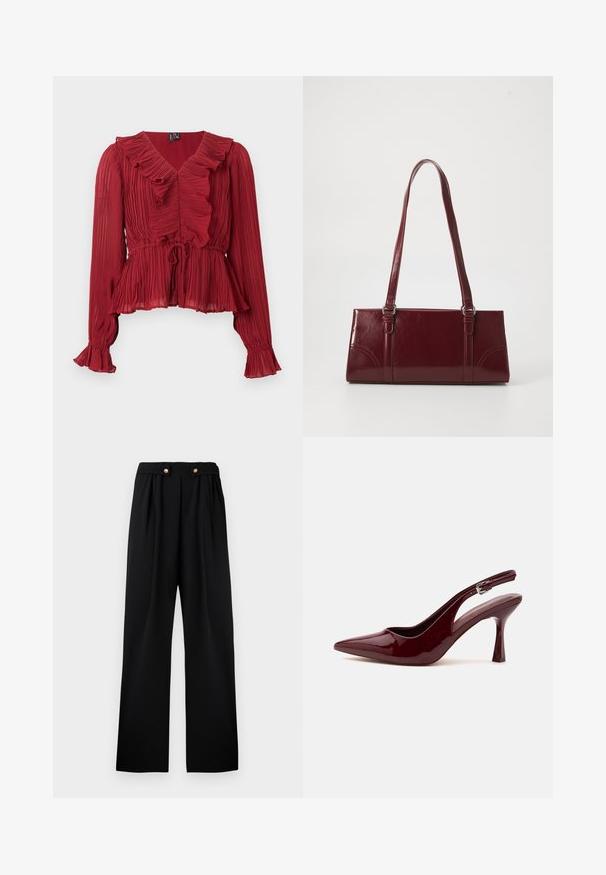 Blouse rouge plissée avec un col à volants, manches longues et taille cintrée. Réalisée en tissu léger avec une texture douce.; Pantalon noir plissé à taille haute, doté de deux boutons dorés à l'avant, fabriqué dans un tissu lisse et texturé.; Chaussure à talon haut slingback rouge foncé brillant à bout pointu, avec une fine bride réglable et un talon aiguille effilé sur fond blanc.; Sac à main bordeaux en matériau brillant, de forme rectangulaire, avec deux anses et des accents légèrement courbés à l'avant.