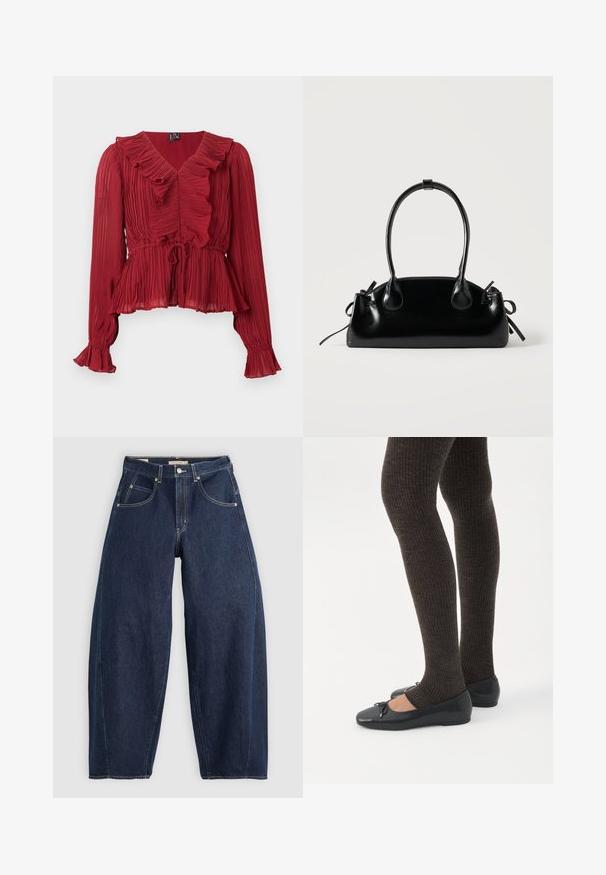 Rød plisseret bluse med en flæset halsudskæring, lange ærmer og en indsnævret talje. Fremstillet af letvægtsstof med en blød tekstur.; Mørkeblå denim jeans med løs pasform, lyse syninger, fem lommer og en knaplukning ved taljen.; Ben iført mørke ribbede leggings kombineret med sorte balletsko med små sløjfedetaljer på hvid baggrund.; Lille sort blank håndtaske med to lange håndtag og snøre-detaljer i siden på en ensfarvet lys baggrund.