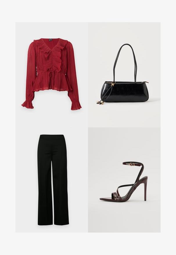 Blouse rouge plissée avec un col à volants, manches longues et taille cintrée. Réalisée en tissu léger avec une texture douce.; Pantalon large noir avec une texture lisse et de fines rayures verticales discrètes. Il présente une taille haute et une coupe droite de la hanche à l'ourlet.; Sandale à talons hauts en cuir verni bourgogne avec une bride de cheville, bout pointu et trois bandes horizontales sur le pied. Détail de boucle dorée.; Sac à main rectangulaire noir avec deux longues bandoulières, détail anneau doré et fermeture éclair sur un fond clair uni.