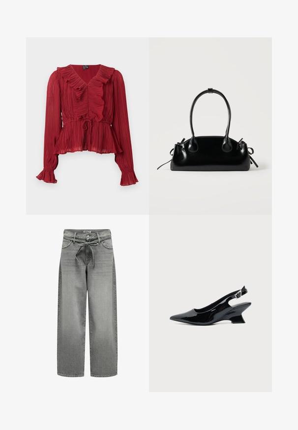 Blouse rouge plissée avec un col à volants, manches longues et taille cintrée. Réalisée en tissu léger avec une texture douce.; Jeans en denim gris à jambes larges avec une taille à cordon de serrage et des poches avant. Le tissu présente une légère texture et une finition délavée.; Chaussure slingback en cuir verni noir avec bout pointu et petit talon bloc incliné sur fond clair uni.; Petit sac à main noir brillant avec deux longues anses et des détails à cordon sur les côtés sur un fond clair uni.