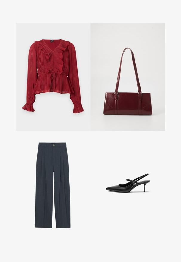 Blouse rouge plissée avec un col à volants, manches longues et taille cintrée. Réalisée en tissu léger avec une texture douce.; Pantalons larges en tissu texturé gris foncé, avec des plis avant, une fermeture à bouton et des poches latérales pour plus de fonctionnalité.; Talons aiguilles noires en cuir avec un bout pointu, une fine bride réglable, et un talon aiguille d'environ 5 cm, texture lisse.; Sac à main bordeaux en matériau brillant, de forme rectangulaire, avec deux anses et des accents légèrement courbés à l'avant.