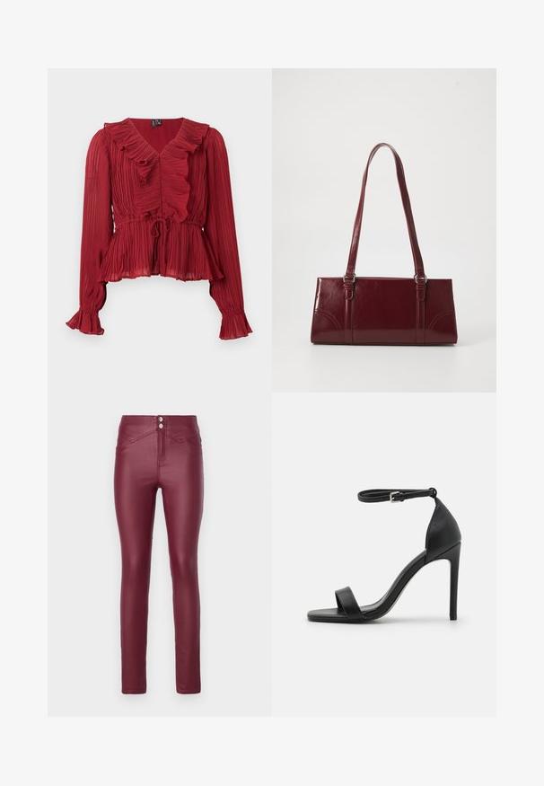 Rote, plissierte Bluse mit gerafftem Ausschnitt, langen Ärmeln und tailliertem Bund. Hergestellt aus leichtem Stoff mit weicher Textur.; Burgunderfarbene, taillierte Skinny-Hosen aus Kunstleder mit hoher Taille, ausgestattet mit zwei vorderen Knöpfen, schrägen Vorderentaschen und einer glatten, glänzenden Textur.; Schwarze hochhackige Sandale mit elegantem Design, featuring einem Knöchelriemen, offener Zehenpartie und glattem Lederfinish.; Burgunderfarbene Handtasche aus glänzendem Material, rechteckige Form, mit zwei Schulterriemen und subtilen, geschwungenen Akzenten an der Vorderseite.
