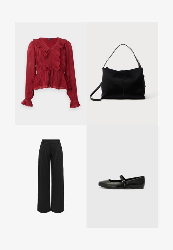 Blouse rouge plissée avec un col à volants, manches longues et taille cintrée. Réalisée en tissu léger avec une texture douce.; Pantalons larges noirs avec une taille ajustée, plis plats à l'avant et fermeture à bouton. Fabriqués dans un matériau fluide, présentant une texture lisse.; Ballerines en cuir noir avec un bout arrondi, une semelle plate et une fine sangle ajustable sur le cou-de-pied avec une boucle en métal.; Sac à bandoulière noir avec une surface lisse et texturée, doté d'une seule sangle et d'une fermeture éclair en haut. Forme rectangulaire compacte.