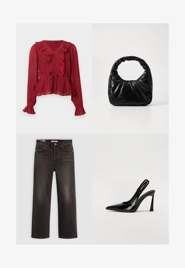 Rote, plissierte Bluse mit gerafftem Ausschnitt, langen Ärmeln und tailliertem Bund. Hergestellt aus leichtem Stoff mit weicher Textur.; Schwarze Jeans aus Denim mit geradem Bein. Verfügt über kupferne Nieten und Taschen. Glatte Textur und leicht verwaschene Optik.; Schwarze Lackleder Slingback-Pumps mit spitzem Zehenbereich, schlankem hohen Absatz und doppeltem elastischen Riemen für einen sicheren Sitz. Glatte, glänzende Oberfläche.; Schwarze gepolsterte Handtasche mit einem runden Griff, die eine glatte, glänzende Oberfläche und eine weiche, gestepfte Textur aufweist. Keine sichtbare Hardware oder Akzente.