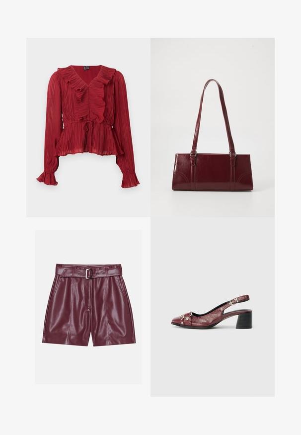 Rode geplooide blouse met een ruches halslijn, lange mouwen en een getailleerde taille. Gemaakt van lichtgewicht stof met een zachte textuur.; Bordeaux neplederen shorts met een brede tailleband, een riem met een zilveren gesp en voorplooien voor een ontspannen silhouet.; Bordeaux leren slingback schoen met een ronde neus, gebogen ontwerp, zilveren hardware accenten en een blokhak. Textuurafwerking.; Bourgondische handtas van glanzend materiaal, rechthoekige vorm, met twee schouderbanden en subtiele gebogen accenten aan de voorkant.