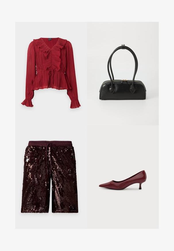 Blouse rouge plissée avec un col à volants, manches longues et taille cintrée. Réalisée en tissu léger avec une texture douce.; Shorts en sequins bordeaux avec une taille élastique et un cordon de serrage ajustable. Présentent une surface brillante et texturée avec des sequins réfléchissants.; Escarpin femme en cuir verni rouge foncé brillant, bout pointu avec un petit talon kitten, sur fond blanc uni.; Sac à main en cuir noir avec deux anses allongées, fermeture éclair et forme arrondie ; texture lisse avec une finition légèrement brillante.