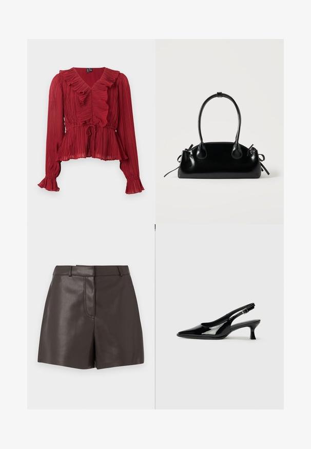 Blouse rouge plissée avec un col à volants, manches longues et taille cintrée. Réalisée en tissu léger avec une texture douce.; Shorts en cuir marron avec une texture lisse, dotés d'une couture à l'avant, de passants de ceinture et de deux poches latérales. Conçus pour une silhouette ajustée.; Escarpins en cuir verni noir avec un bout pointu et un petit talon carré. Sangle réglable à la cheville avec boucle.; Petit sac à main noir brillant avec deux longues anses et des détails à cordon sur les côtés sur un fond clair uni.