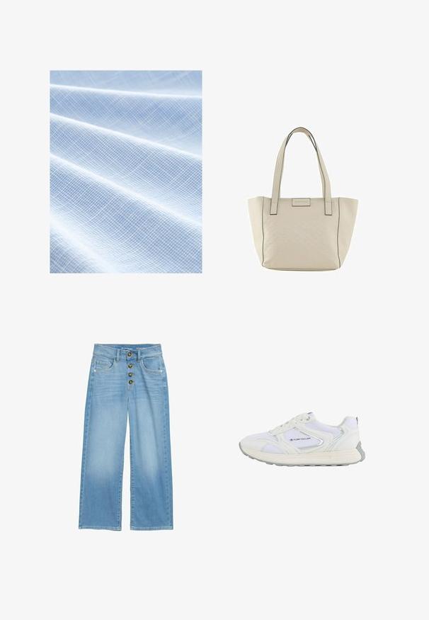 Helle blaue Textilie mit einem gewebten Gittermuster. Die Oberfläche ist glatt mit sichtbaren Falten, was auf ein weiches und leichtes Material hinweist.; Helle blaue Hochbund-Jeans im weit geschnittenen Stil aus Denim, mit einer fünfknöpfigen Verschlussleiste und zwei vorderen Taschen. Vielseitige, glatte Textur.; Weißer Sportschuh mit einem Obermaterial aus Mesh und Synthetik, ausgestattet mit silbernen Akzenten und einer strukturierten Gummisohle, beschriftet mit "TOM TAILOR."; Beige Tragetasche mit geprägtem geometrischem Muster, doppelten Griffen und schwarzem Stitching. Verfügt über ein dezentes Logo auf der Vorderseite.