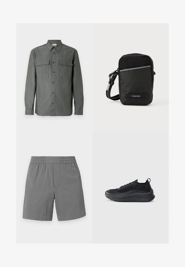 Chemise grise à boutons avec col structuré, deux poches poitrine, manches longues avec poignets boutonnés ; finition en tissu texturé.; Shorts gris avec une taille élastique, en tissu texturé et à coupe droite. Dispose de deux poches latérales et d'un motif subtil.; Baskets de sport noires avec un dessus en mesh, des accents texturés et une semelle en caoutchouc épaisse. Présente un tirant à l'arrière et un design à lacets.; Sac bandoulière noir avec un motif à carreaux, fabriqué en tissu texturé. Comprend une poche avant et un accent logo. Bretelle réglable incluse.