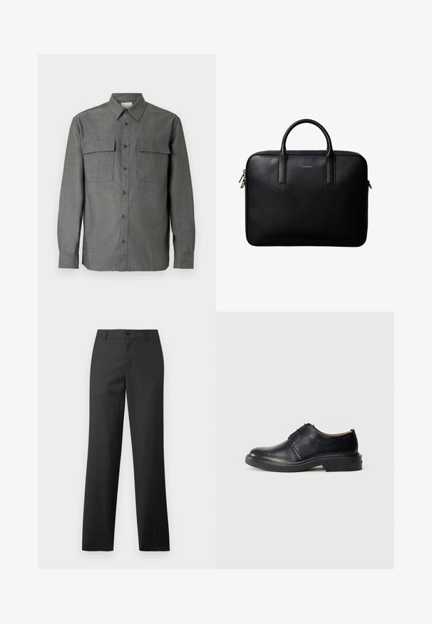 Grå skjorte med knapper foran, har en struktureret krave, to brystlommer og lange ærmer med knaplukning ved manchetterne; tekstureret stof.; Samsøe Samsøe SAJOHNNY TROUSERS - Bukser - turkish coffee; Sorte læder oxford sko med rund tå, snørebånd foran og lav, stablet hæl på lys baggrund.; Sort tekstureret lædermappe med dobbelte håndtag og sølv lynlås, centreret på hvid baggrund.