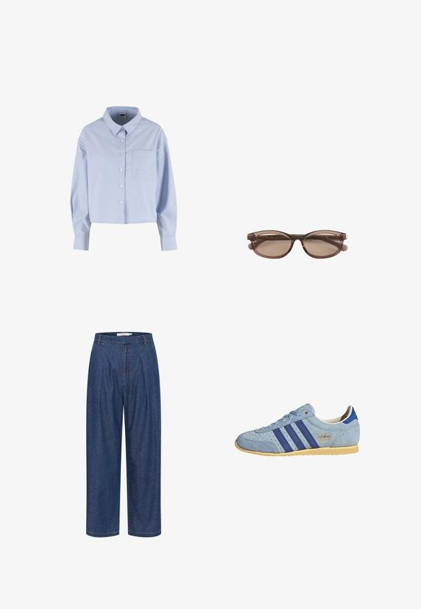 Camisa azul claro abotonada con mangas largas, un bolsillo en el pecho a la izquierda y un cuello puntiagudo, recortada a la altura de la cintura.; Pantalones de mezclilla azul de pierna ancha y cintura alta, con pliegues delanteros, trabillas para cinturón y cierre de cremallera oculto.; Zapatilla Adidas de ante azul claro con rayas azul marino, suela de goma y letras doradas "adidas JAPAN" en el lateral.; Gafas de sol ovaladas translúcidas marrones con lentes tintadas y varillas delgadas colocadas sobre un fondo blanco.