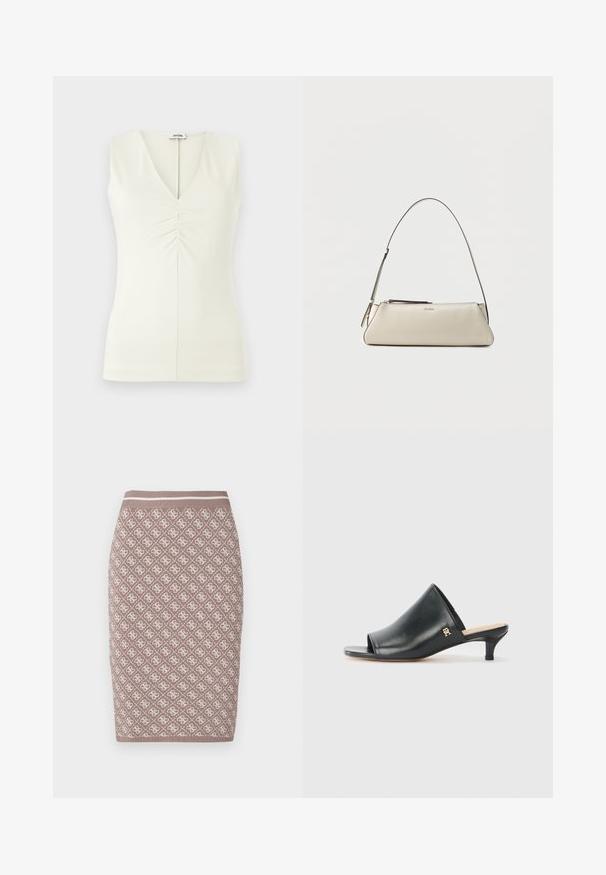 Top sans manches avec un décolleté en V, fabriqué en tissu crème léger. Présente des détails froncés au centre et une silhouette ajustée.; Jupe crayon en tricot couleur marron clair avec un motif crème, dotée d'une taille côtelée avec une ligne contrastante. Texture lisse.; Mules ouverts en cuir noir avec un talon bas. Présentent une surface lisse et un accent logo doré sur le côté.; Petit sac à épaule en cuir beige avec une fine bandoulière et une fermeture éclair, orné d'un logo métallique discret au centre avant.