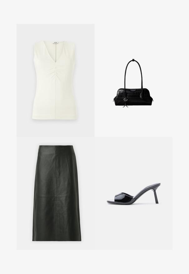 Mouwloos topje met een V-hals, gemaakt van lichtcrème stof. Bevat gathered details in het midden en een getailleerd silhouet.; Zwarte leren midi-rok met een rechte snit. Gladde textuur, minimale naden en een nauwsluitende tailleband. Geen zichtbare zakken of extra details.; Zwarte lakleren open-teen sandalen met hak, met een gebogen bovenkant ontwerp en een taps toelopende naaldhak. Gladde glanzende afwerking.; Zwarte schoudertas van leer met krokodillenstructuur, lange banden en een klein zilveren logohanger aan één band.