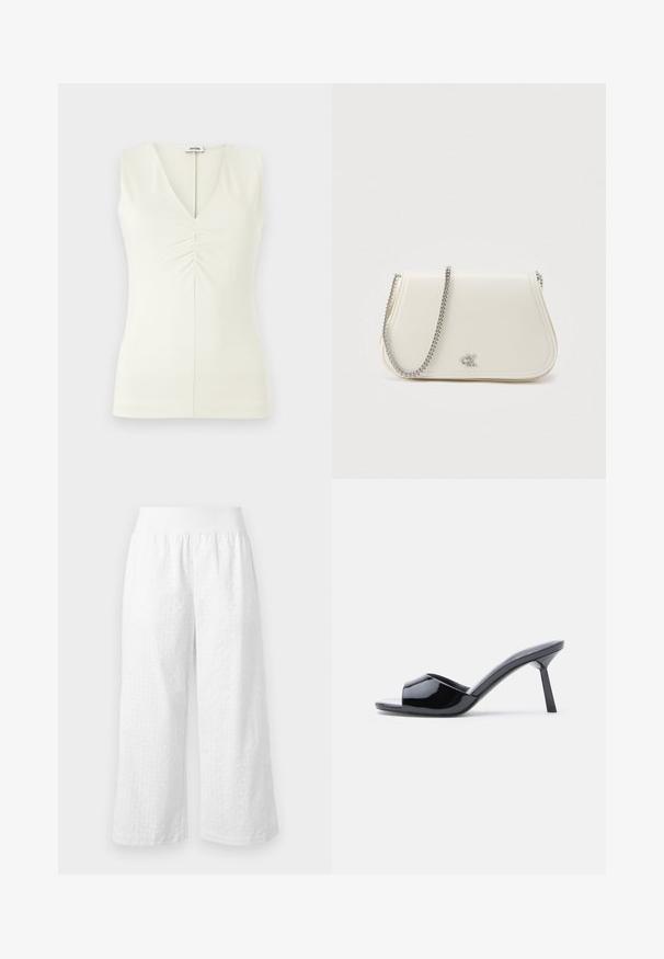 Top sans manches avec un décolleté en V, fabriqué en tissu crème léger. Présente des détails froncés au centre et une silhouette ajustée.; Marc Cain Pantalon classique - white; Sandales à talons ouverts en cuir verni noir, avec un design supérieur incurvé et un talon aiguille effilé. Finition lisse et brillante.; Sac à main en cuir blanc à la forme structurée, avec une bandoulière en chaîne argentée et un logo embossé subtil à l'avant.