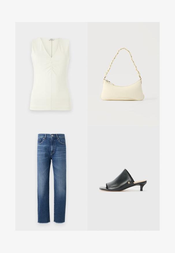 Mouwloos topje met een V-hals, gemaakt van lichtcrème stof. Bevat gathered details in het midden en een getailleerd silhouet.; Blauwe denim jeans met een recht gesneden ontwerp, voorzien van een vervaagde afwerking, vijf zakken en een rafelige zoom.; Zwarte leren open teen muiltjes met een lage hak. Heeft een glad oppervlak en een gouden logo accent aan de zijkant.; Kleine handtas in crèmekleur met een gebogen vorm en gevlochten kettinghengsel in goudkleur, ritssluiting aan de bovenkant