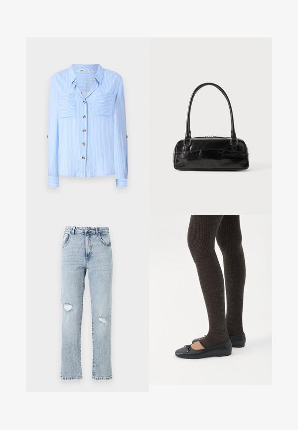 Lys blå langærmet skjorte med lodrette hvide striber, to brystlommer og brune knapper ned foran. Blødt stof med en glat tekstur.; Lysblå denimjeans med en afslappet pasform, der har to knærevner, fem lommer og en frynset kant. Knap- og lynlåslukning.; Ben iført mørke ribbede leggings kombineret med sorte balletsko med små sløjfedetaljer på hvid baggrund.; Sort læderhåndtaske med rektangulær form, der har et enkelt struktureret håndtag, sølvhardware og lynlås-lukning. Glat tekstur.