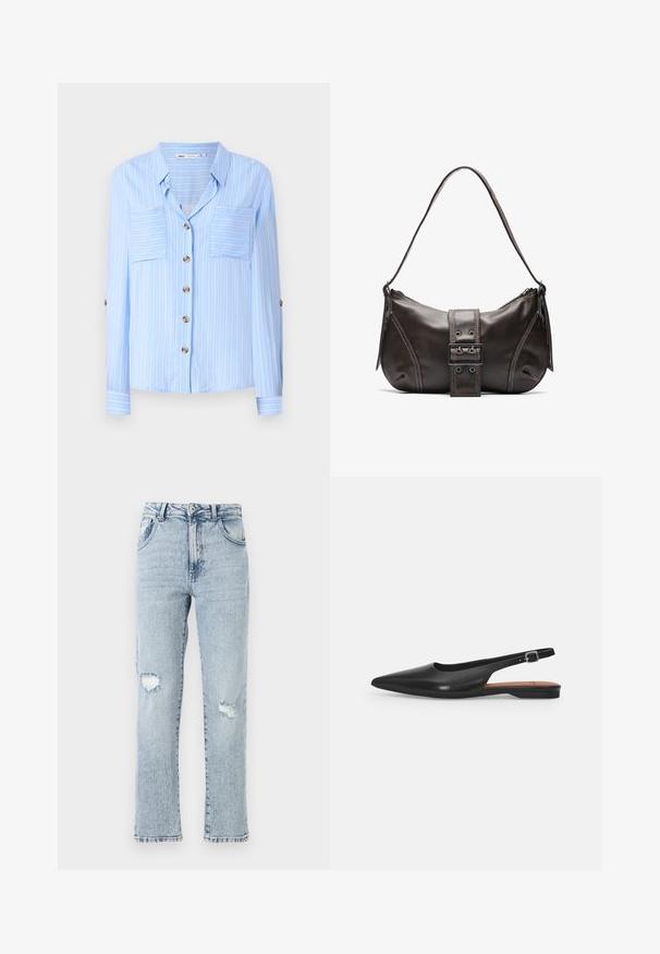 Lys blå langærmet skjorte med lodrette hvide striber, to brystlommer og brune knapper ned foran. Blødt stof med en glat tekstur.; Lysblå denimjeans med en afslappet pasform, der har to knærevner, fem lommer og en frynset kant. Knap- og lynlåslukning.; Sorte læder slingback sko med spidse tæer, subtil glans og justerbar ankelrem. Flad hæl med en brun indersål.; Brun læder skuldertaske med en buet form, der har et fremtrædende spænde, kontrasterende syninger og en enkelt skulderrem.