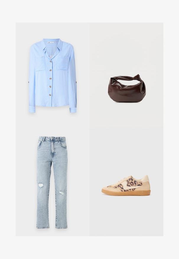 Lys blå langærmet skjorte med lodrette hvide striber, to brystlommer og brune knapper ned foran. Blødt stof med en glat tekstur.; Lysblå denimjeans med en afslappet pasform, der har to knærevner, fem lommer og en frynset kant. Knap- og lynlåslukning.; Leopardprint sneakers med beige ruskindsoverdel, tan gummisål og hvide detaljer. Rund pegefinger og snørebåndsdesign med en tekstureret finish.; Mørkebrun læder skuldertaske med en blød, afslappet form og et snoet knudehåndtag på en ensartet hvid baggrund.