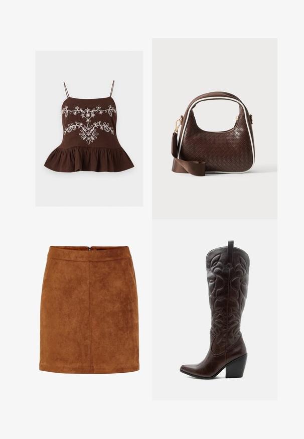Brun ærmeløs top med tynde stropper, hvid blomsterbroderi hen over brystet og en flæset kant forneden.; Brun ruskind mini skirt med en glat tekstur, lige snit og en diskret lynlås bagpå. Har søm detaljer for struktur.; Høj mørkebrun læder cowboystøvle med syede dekorative mønstre, spids tå og stablet blokhæle.; Brun vævet læderhåndtaske med hvid piping, guldfarvet lynlås og aftagelig brun stofskulderrem.
