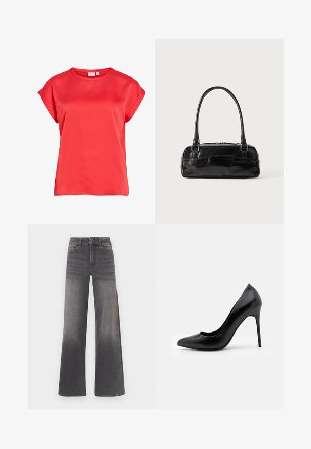 Rote Bluse mit kurzen Ärmeln, hochgekrempelten Manschetten und rundem Ausschnitt, aus glattem Stoff, gezeigt auf weißem Hintergrund.; Weit geschnittene Jeans aus grauem Denim mit verwaschenem Look, klassischem Fünf-Taschen-Design, Knopfverschluss und kontrastierenden Steppnähten.; Schwarze Leder-Pumps mit hohen Absätzen, spitz zulaufender Zehenpartie und glatter Textur. Verfügt über einen schmalen Stiletto-Absatz und ein tief ausgeschnittenes Obermaterial.; Schwarze Lederhandtasche in rechteckiger Form, mit einem stabilen Griff, silbernem Zubehör und Reißverschluss. Glatte Textur.